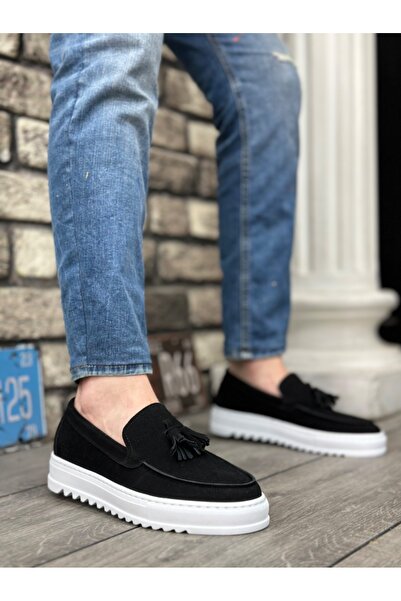 pabucmarketi Laceless Tasseled Men's Shoes Black Suede (White Sole)