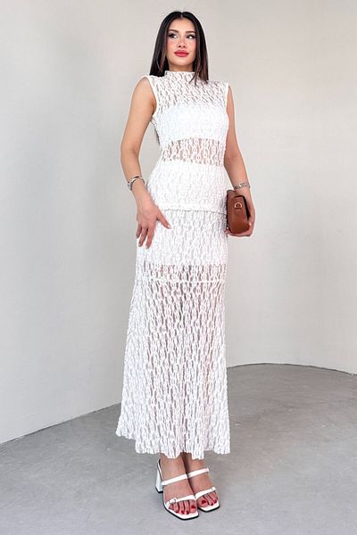 Cappmoda TKM-13278 Λευκή Δαντελένια Μπλούζα Φούστα Μίντι Μήκος Σετ δύο τεμαχίων