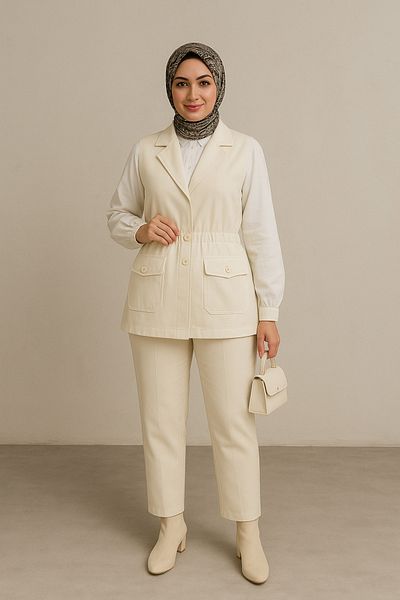 İpli Women's Beige Color Shirt Pants Vest Triple Suit
