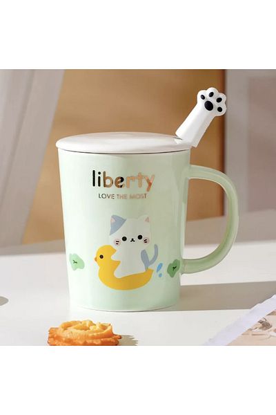 PUFO Ceramic mug with lid and Pufo Love Kitty spoon for coffee or tea, 250 ml, green