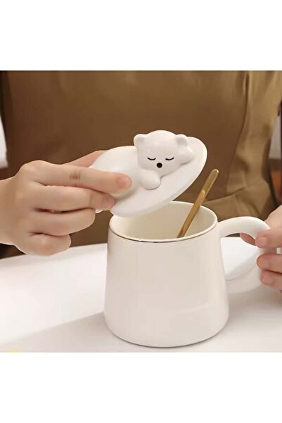 PUFO Sleepy Bear ceramic mug with lid and spoon for coffee or tea, 320 ml, white