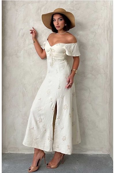 TOPSHOW Embroidered Midi Dress with Ruffled Sleeves