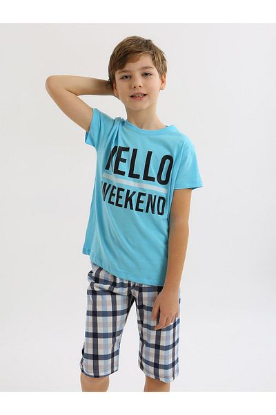 vitmo Male Child Short-Sleeve Capris 100% Cotton Pajamas Set Hello Weekend