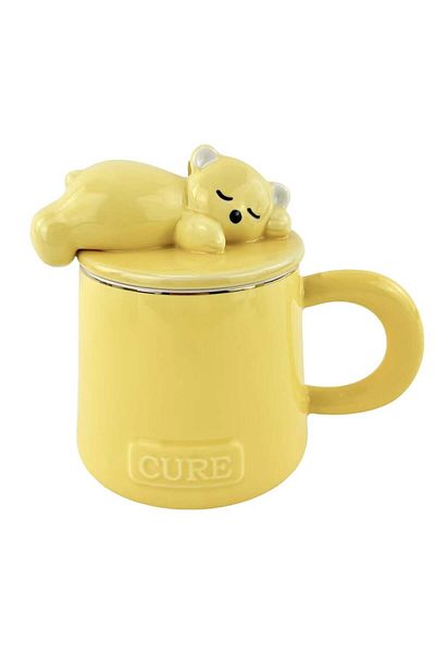 PUFO Sleepy Bear ceramic mug with lid and spoon for coffee or tea, 320 ml, yellow