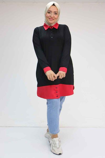 Eslina 58035 Large Size Combination Combed Cotton Tunic - Black-Red