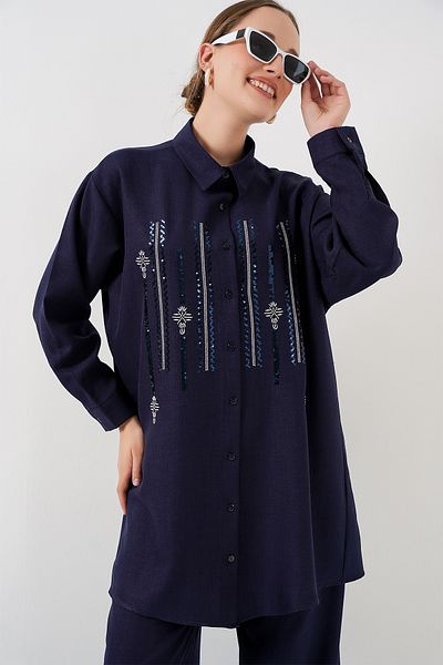Bigdart Patterned Tunic Trousers Double Suit 6720 - Navy Blue
