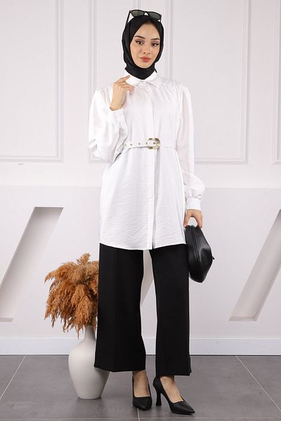 İmajButik Ecru Belted Modal Tunic