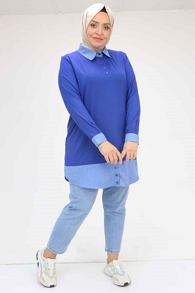 Eslina 58035 Large Size Combination Combed Cotton Tunic - Indigo