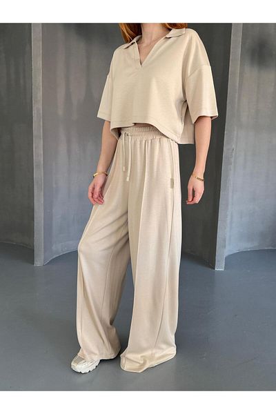 Cappmoda TKM-1112 Μπεζ Χρώμα Modal Υφασμάτινη μπλούζα Polo V λαιμόκοψη Ελαστική μέση Palazzo Σετ δύο κάτω