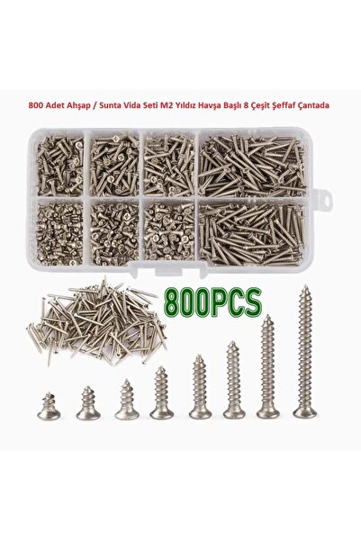 Hatfon Elektronik 800 Adet Ahşap / Sunta Vida Seti M2 Yıldız Havşa Başlı 8 Çe...