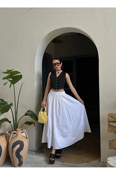 minaaise Beyaz Poplin Beli Lastikli Uzun Etek 27321