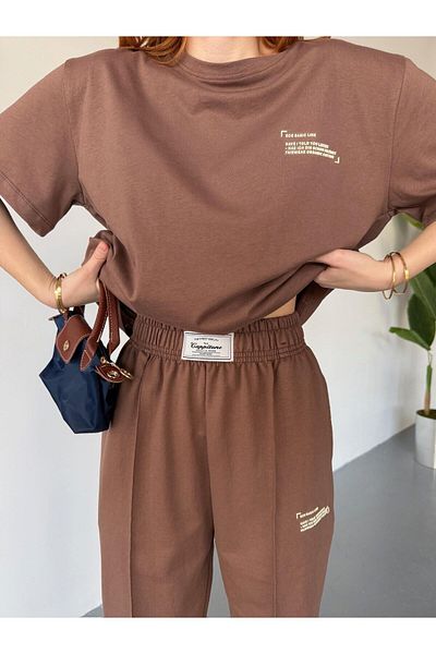 Cappmoda TKM-0041 Καφέ Eco Basic Line Written Injection Print T-Shirt με λαιμόκοψη με ελαστική μέση