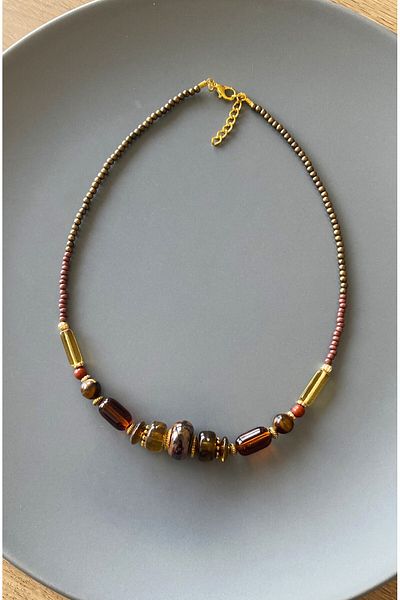 dela otantik Handmade Authentic Women's Necklace – Ceramic Stone Amber Glass Beads Ethnic Vintage Bijouterie Jewelry