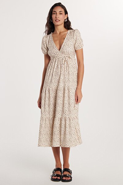 Tudors Kadın Slim Fit Dar Kesim Kısa Kollu Baskılı V Yaka Elbise