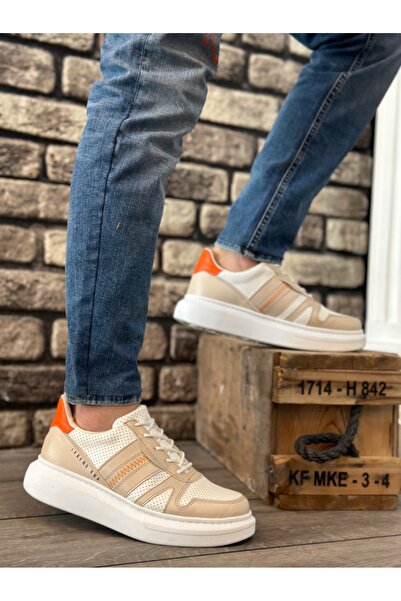 pabucmarketi Lace-Up Side Patterned Men's Sports Shoes Cream White (White Sole)