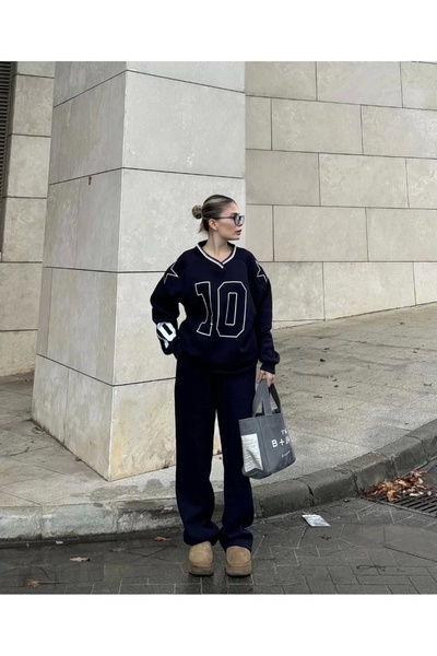 MÇ Plus    V-Neck Three Thread Sweat Set - Black