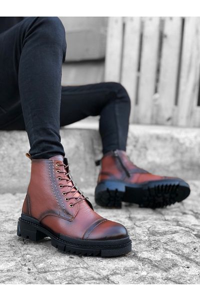 pabucmarketi Zippered Lacing Detailed Inside and Outside Genuine Leather Men's Boots Brown