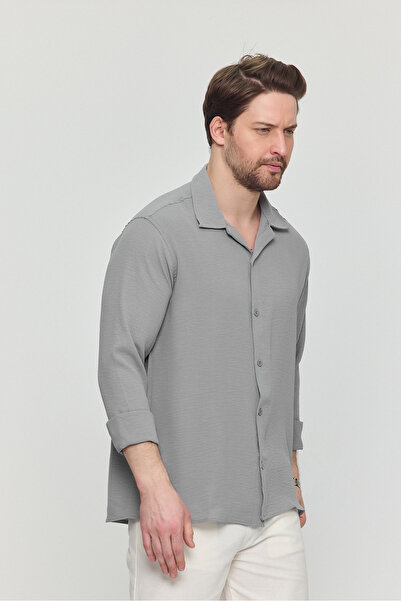 Gray Clothing Yazlık Keten Dokulu Bol Kalıp Oversize Salaş Uzun Kollu Erkek Gömlek Gri