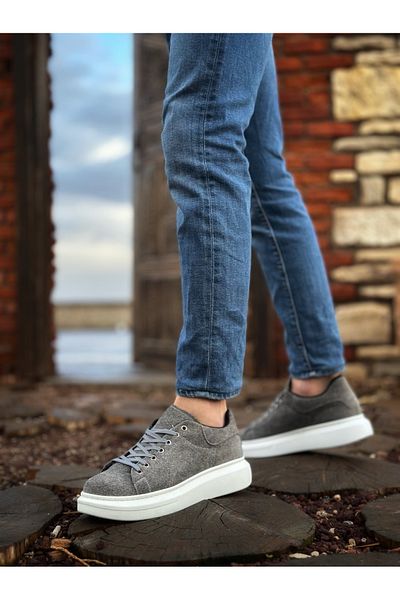 pabucmarketi Lace-Up Men's Sneakers Gray Suede (White Sole)