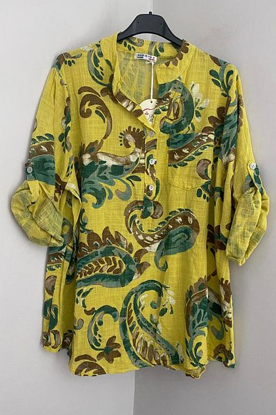 AYASOFYA OTANTIK Women's Italian Yellow New Shawl Patterned Button Detailed Folding Orphan Sleeves 100% Cotton Blouse