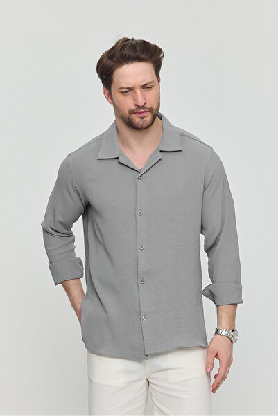 Gray Clothing Yazlık Keten Dokulu Bol Kalıp Oversize Salaş Uzun Kollu Erkek Gömlek Gri