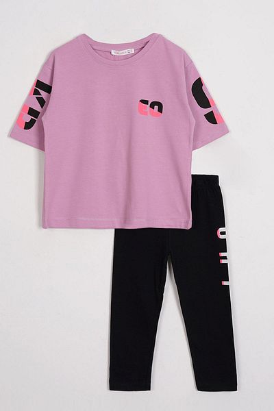 zepkids Short Sleeve Letter Printed Lilac Color Girls' Tights Suit