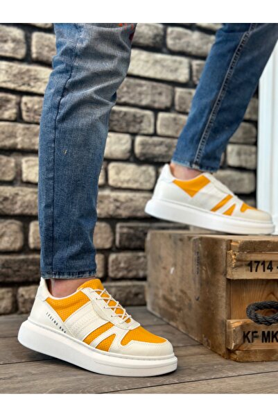 pabucmarketi Lace-Up Side Patterned Men's Sports Shoes White Mustard (White S...