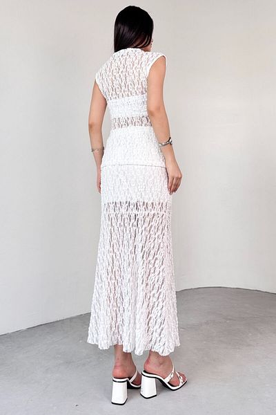 Cappmoda TKM-13278 Λευκή Δαντελένια Μπλούζα Φούστα Μίντι Μήκος Σετ δύο τεμαχίων