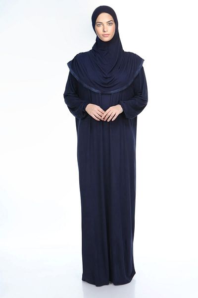 Sonbaharmoda Φόρεμα προσευχής Navy Blue Hijab Cotton Lace Prayer - Μονοκόμματο χτενισμένο βαμβάκι