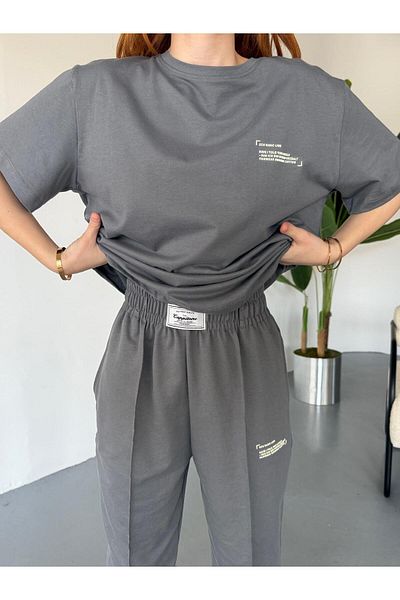 Cappmoda Tkm-0041 Smoked Eco Basic Line Written Injection Print Crew Neck T-Shirt Elastic Waist Jogger