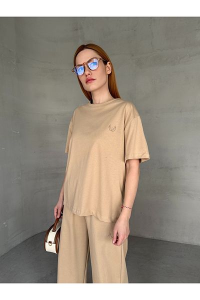 Cappmoda TKM-0052 Μπεζ Χρώμα Μοτίβο Φύλλων Κεντημένο Μπλουζάκι με λαιμόκοψη με κορδόνι μέσης Palazzo Παντελόνι Διμερές Τ