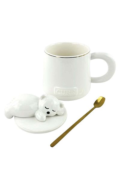 PUFO Cană ceramică Sleepy Bear cu capac și linguriță pentru cafea sau ceai, 320 ml, albă