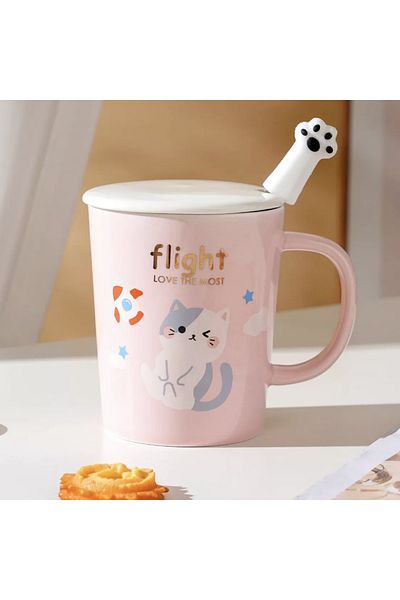 PUFO Cană ceramică cu capac și linguriță Pufo Love Kitty pentru cafea sau ceai, 250 ml, roz