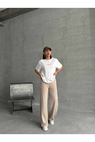 Cappmoda TKM-0049 Μπεζ Χρώμα Γνήσιο Τυπωμένο Μπλουζάκι με λαιμόκοψη με λαιμόκοψη με λεπτομέρεια ελαστικής μέσης Ç