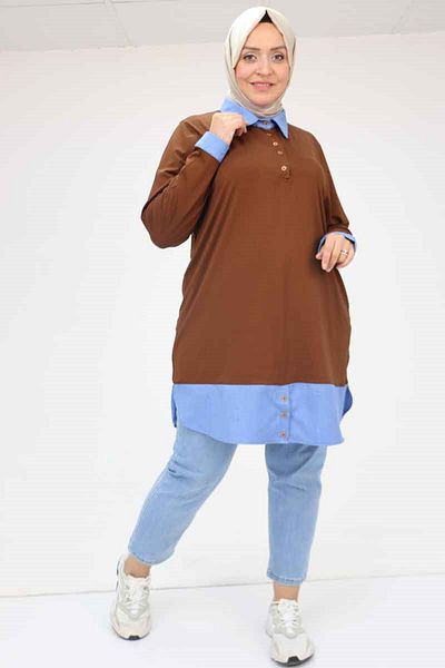 Eslina 58035 Large Size Combination Combed Cotton Tunic - Brown