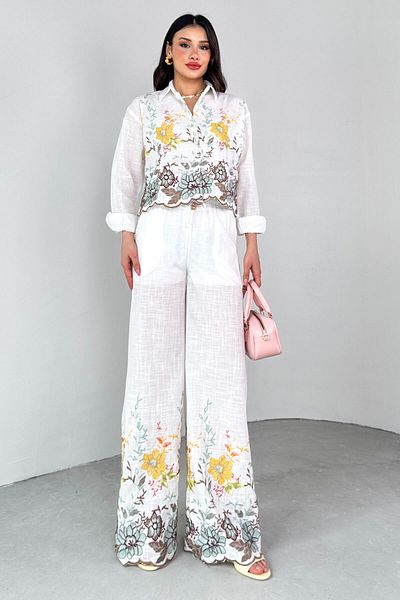 Cappmoda TKM-13285 Cămașă cu broderie florală din in alb Pantaloni largi cu talie elastică Set din două piese
