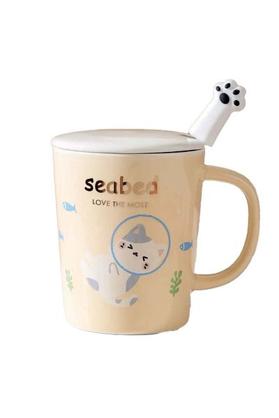 PUFO Ceramic mug with lid and Pufo Love Kitty spoon for coffee or tea, 250 ml, yellow