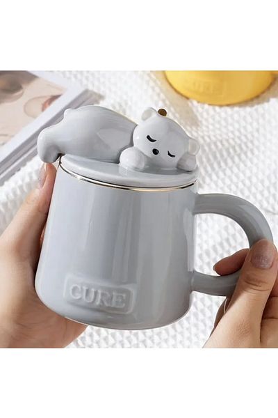 PUFO Sleepy Bear ceramic mug with lid and spoon for coffee or tea, 320 ml, gray