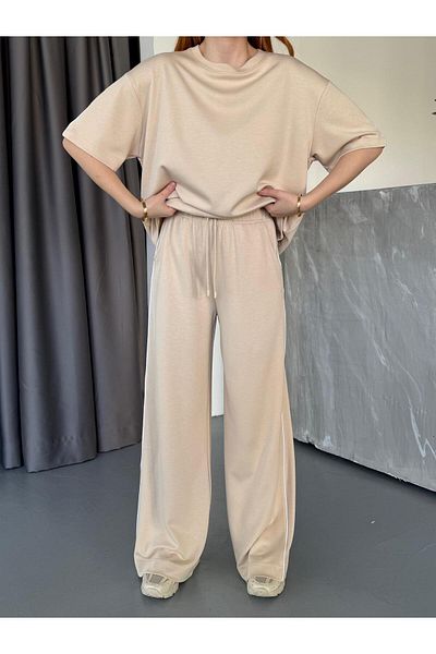 Cappmoda TKM-0020 Μπεζ Χρώμα Πλαϊνό Πλαϊνό Μοντάλ Ύφασμα Φαρδιά Μισομανίκι Μπλούζα Palazzo Κάτω Διπλό Σετ