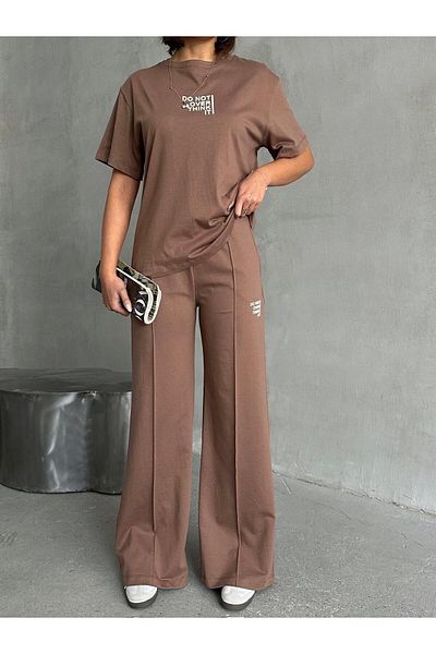 Cappmoda Tkm-0042 Καφέ μπλουζάκι με λαιμόκοψη χωρίς γραφή, παντελόνι Palazzo, διπλό σετ