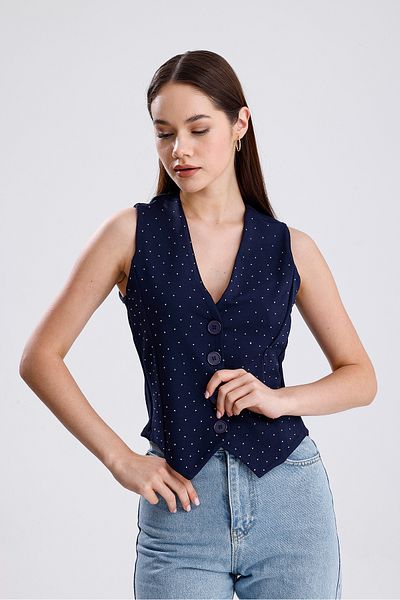LOVES AGAZA Women's Navy Blue V-Neck Stone Fitted Vest