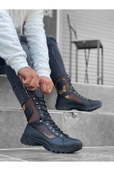 pabucmarketi Lace-Up Camouflage Detailed Men's Military Boots Black (Black Sole)