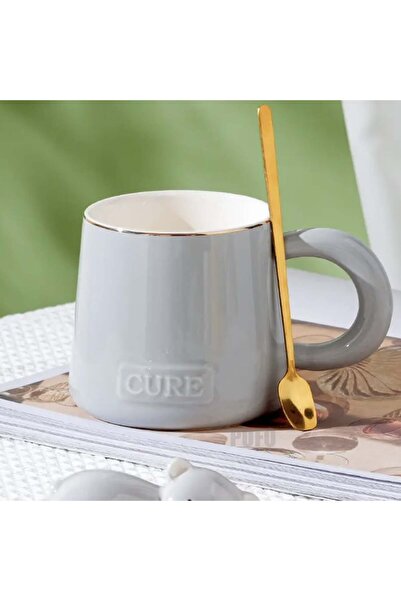PUFO Sleepy Bear ceramic mug with lid and spoon for coffee or tea, 320 ml, gray