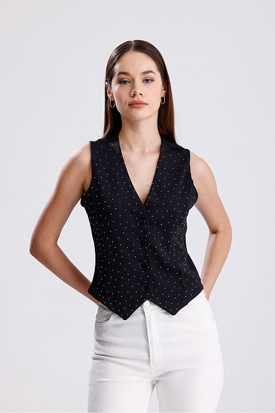 LOVES AGAZA Women's Black V-Neck Stone Fitted Vest