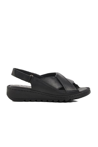 Voyager Black Genuine Leather Velcro Women's Sandals