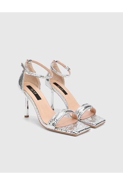 İLVİ Valdez Snake Printed Leather Silver Women's Heeled Sandals