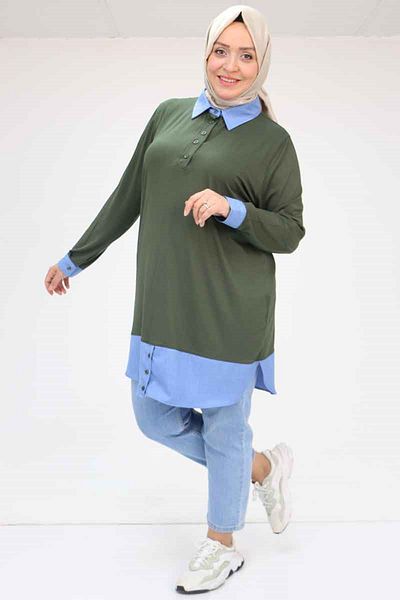 Eslina 58035 Large Size Combination Combed Cotton Tunic - Khaki
