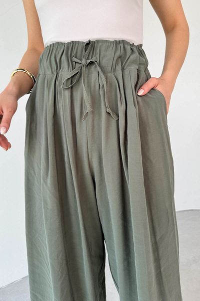 Cappmoda Pnt-07418 Khaki Elastic Waist Tied Casual Trousers