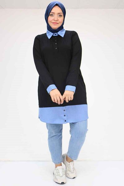 Eslina 58035 Large Size Combination Combed Cotton Tunic - Black