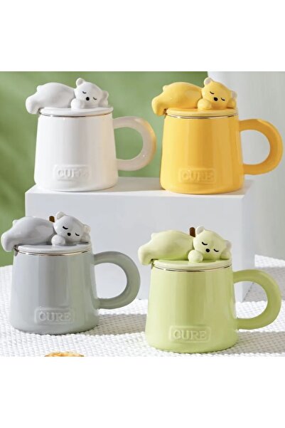 PUFO Sleepy Bear ceramic mug with lid and spoon for coffee or tea, 320 ml, yellow